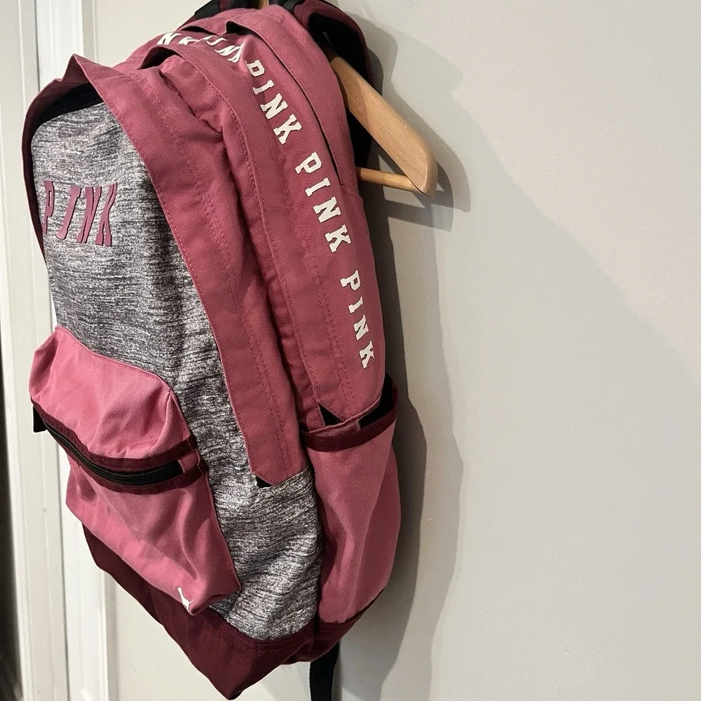 PINK Logo Backpack Pink/Gray/Burgundy Zip Front Pocket Adjustable Straps